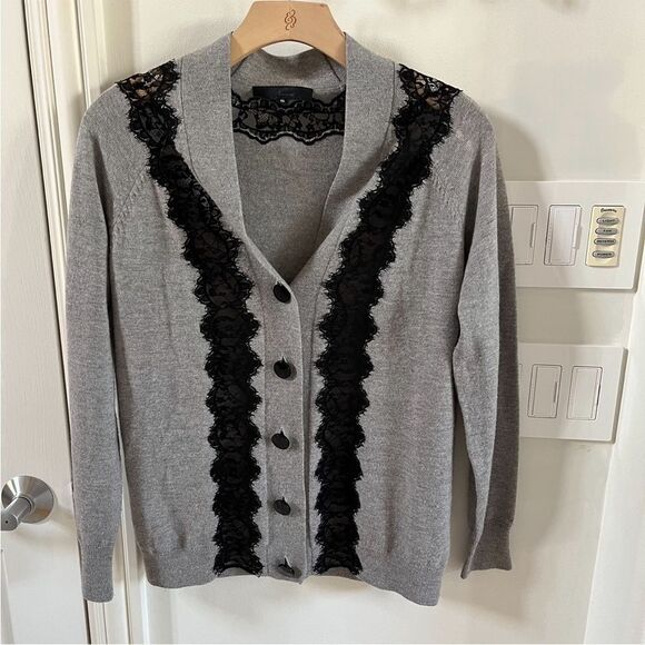 Nonoo New York Wool Lace Trim V Neck Grey Cardigan S - Picture 2 of 14
